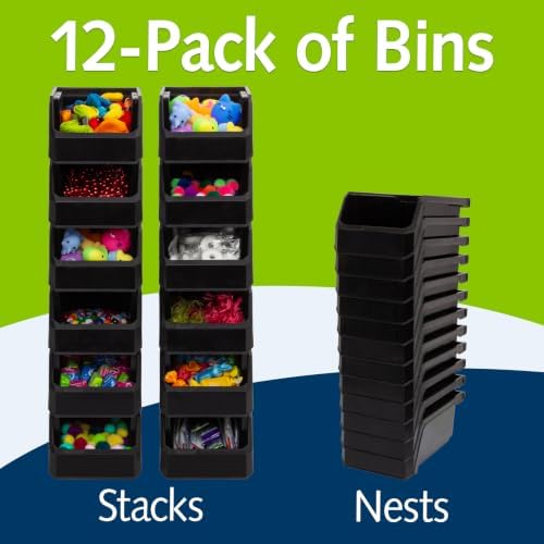 ReadySpace Small Stackable Plastic Storage Bins, 12-Pack, Black