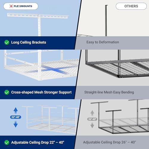 FLEXIMOUNTS 4x8ft Overhead Garage Storage Rack with Safety Rails, White