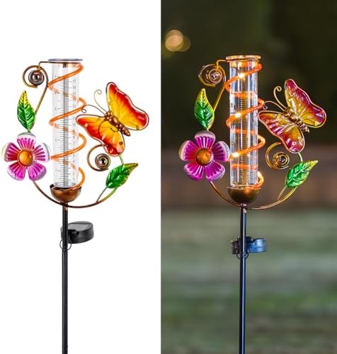 Solar Rain Gauge Outdoor, Butterfly Rain Gauges for Yard