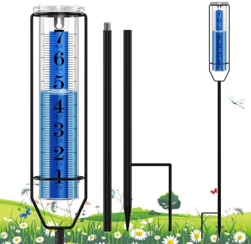 FINEST+ Upgraded Rain Gauge, 7" Freeze Proof Rain Gauge Outdoor Best Rated, Large Clear Numbers and Adjustable Height Rain Measuring Tool for Garden, Lawn and Farm