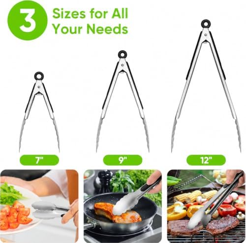 7/9/12 Inch Kitchen Tongs Set, Stainless Steel Cooking Tongs (7"+9"+12")