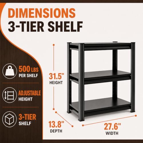 Metal Garage Shelving Unit, Heavy Duty Adjustable Storage Shelves, Steel Shelving, 1500 lbs Capacity Shelves for Heavy Tools and Equipment, 3 Tier, 27.6" W × 13.8" D × 31.5" H