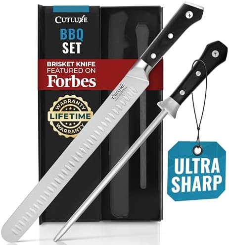 Cutluxe BBQ Carving Set, 12" Brisket Knife & 10" Honing Rod for Meat