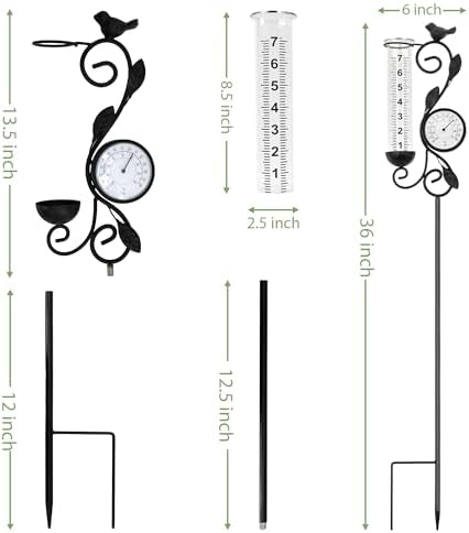 32" Garden Rain Gauge with Thermometer - 7" Glass Tube for Outdoor Indoor Use, Patio Yard Decor Statue