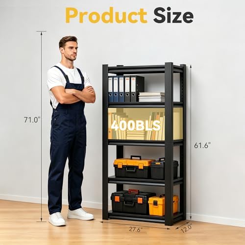 SAWJEC 5-Tier Metal Shelving, 62" H x 28" W x 12" D Black Storage Shelves