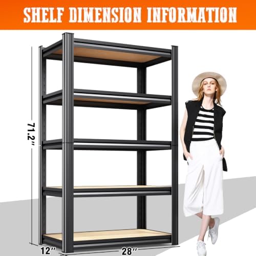 5 Pack Garage Shelving Heavy Duty 5T Storage Shelves, Metal Adjustable Shelving Unit, Utility Garage Organizer Shelf for Basement, Pantry, Kitchen, Warehouse, 71.2" Hx28 Wx12 D, Black