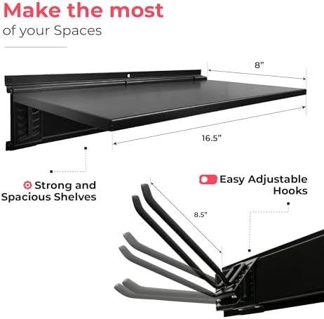 TIDYME Garage Tool Organizer Wall Mount 64", 2 Shelves & 4 Single Hooks