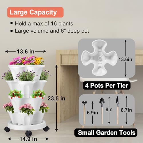 GameXcel Vertical Planter Tower - 4 Tier Stackable Garden Planters with Wheels and Tools Plant Pots for Strawberry Herb Flower and Vegetable Indoor Outdoor Use White