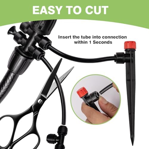 Maotong 100FT 1/4 inch New Quick-Connect Drip Irrigation Kit Distribution Hose Tubing for Garden Irrigation System (Includes 2 Pcs 6-Way Connector, 5 Pcs 1/4" Tee and 10 Pcs End Plugs)