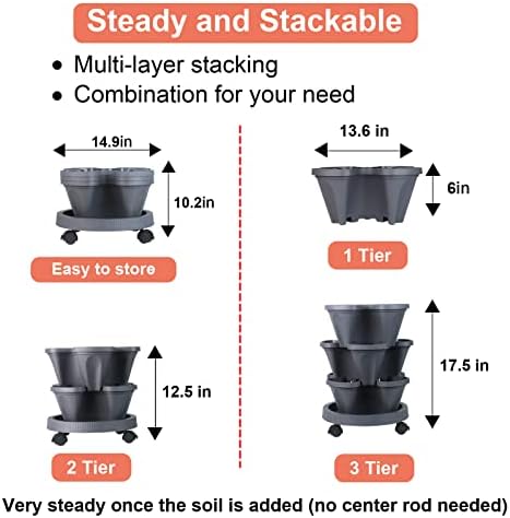 GameXcel Vertical Planter Tower - 3 Tier Stackable Garden Planters with Wheels and Tools Plant Pots for Strawberry Herb Flower and Vegetable Indoor Outdoor Use Dark Gray