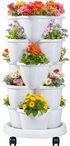 VECELO 5 Tier Vertical Garden Planter, Self Watering Stackable Planters with Wheels for Strawberries, Herbs, Flowers, Vegetables, White