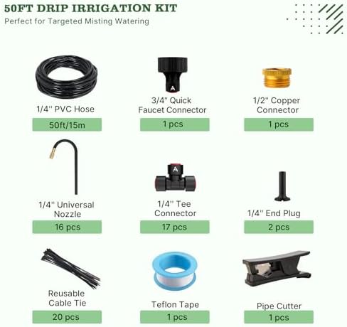 A ANLEOLIFE 50FT Drip Irrigation Kit for Patio, Potted Plants, 360° Bendable Copper Nozzles, Quick-Connect 1/4" Tubing for Container Gardens, Micro Drip with Adjustable Water Flow (Timer Not Included)