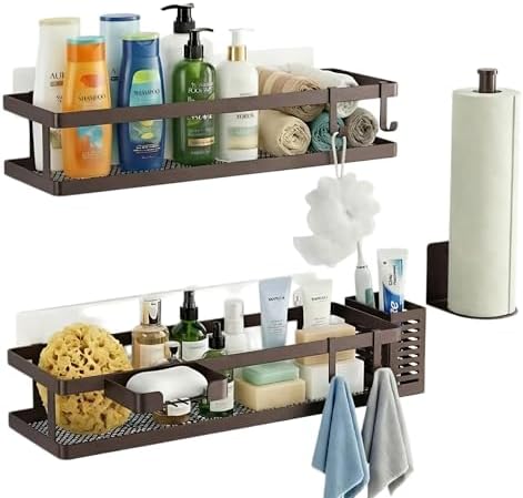 PUSDON 5-in-1 16.5" Extra Long Kitchen Organizer & Shower Caddy Set, Wall Mount Spice Rack with Paper Towel Holder, Utensil Holder & Soap Dish, Rustproof Mesh Storage Rack, Vintage Bronze, Guardrail
