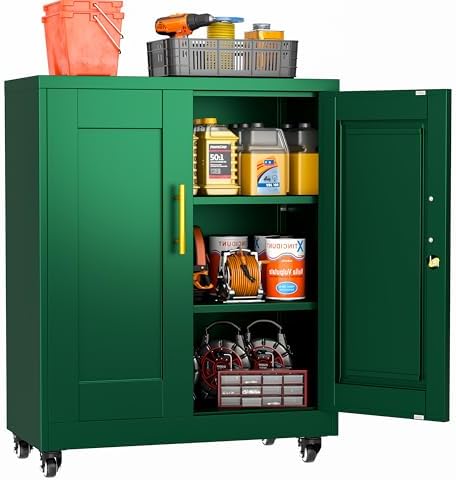 Small Metal Storage Cabinet with Wheels, Lockable Tool Cabinet with Doors