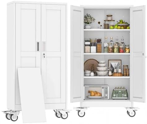 61" H Metal Pantry Storage Locker Cabinet with Wheels,Rolling Kitchen Pantry Cabinet with 2 Doors and 3 Adjustable Shelves, Lockable Steel Garage Tool Cabinet Organization for Home,Gym,School,White
