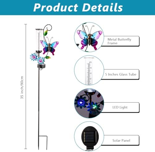 Solar Rain Gauge with 5-Inch Glass Tube, Butterfly Decor