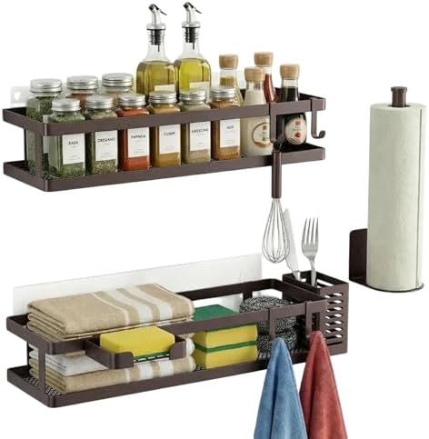 PUSDON 5-in-1 16.5" Extra Long Kitchen Organizer & Shower Caddy Set, Wall Mount Spice Rack with Paper Towel Holder, Utensil Holder & Soap Dish, Rustproof Mesh Storage Rack, Vintage Bronze, Guardrail