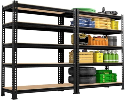 31.5" W x 16" D x 63" H 5-Tier Metal Storage Shelves: Heavy Duty Garage Shelving Adjustable Shelves for Storage - Black Utility Rack Shelf for Pantry, Warehouse, Office, Kitchen, 2PCS