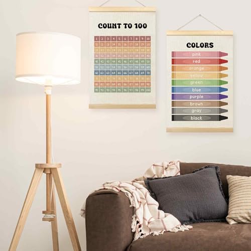 TLESKE 1-100 Numbers Hundreds Colors Chart Poster Hanger Frame for Toddler Kid Classroom Set of 2, Homeschool Hanging Wall Art Decor for Nursery Playroom, Preschool Learning Educational Poster, 16x24