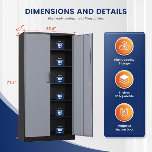 Yizosh Metal Storage Cabinet with Locking Doors and 5 Adjustable Shelves, 72" Garage Storage Cabinet Steel Lockable for Office,Home,Garage