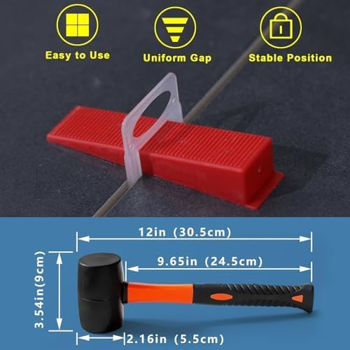 Tile Leveling System 1/16" Spacers Tile Leveler Clips DIY Tile Leveler Spacers 6000 Pcs and Tools Harden Rubber Mallet Hammer 16 oz for Professional Ceramic Tile and Stone Installation