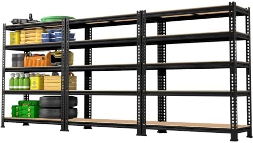 5-Tier Metal Storage Shelves: Heavy Duty Garage Shelving Adjustable Shelves for Storage - Black Utility Rack Shelf for Pantry, Warehouse, Office, Kitchen, 28" W x 12" D x 59" H, 3PCS