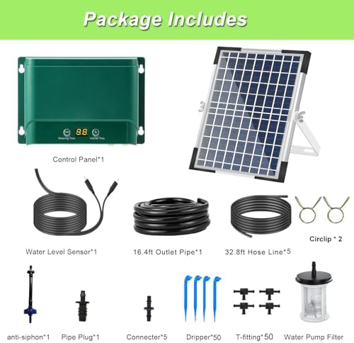 Lewisia 10W Solar Automatic Drip Irrigation Kit Auto Watering System Solar Powered Auto-Irrigation Set for Garden Raised Beds Patio Lawn Greenhouse Potted Plants Up to 50 Plants