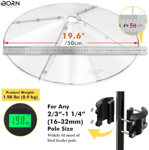iBorn Squirrel Baffle for Bird Feeder Pole, 19.6” Oversized Squirrel Guard Defender, Bird Feeder for Outdoors Protector, Polycarbonate(PC), Pack of 1, Clear