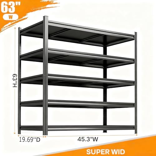 2pack Garage Shelving Heavy Duty Storage Shelves for Garage, 2500 LBS Adjustable 5 Tier Shelving Unit, Metal Garage Shelving for Industrial, Basement, Warehouse (63''Hx46''Wx20''D, Black)