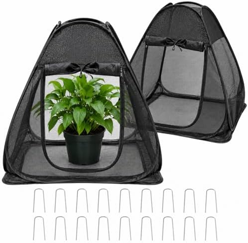 2PCS Pop up Plant Shade Tents（28 x 28 x 32 in-50% Shade Mesh Plant Cover with 16 U-Shaped Stakes for Outdoor Plants, Pop up Gardening Net Cover with Zipper Door, Guard Cover for Potted Plants