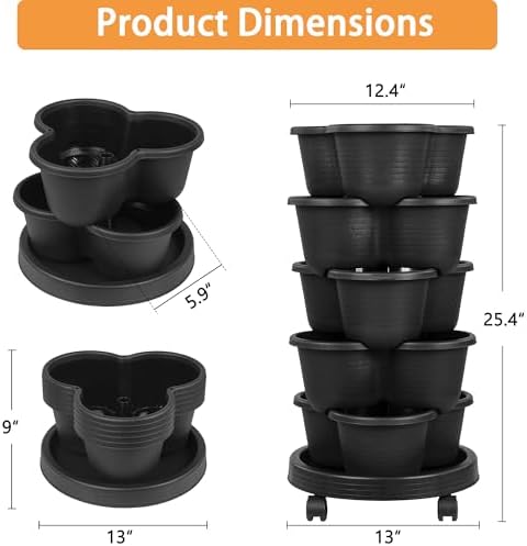 VECELO 5 Tier Vertical Garden Planter, Self Watering Stackable Planters with Wheels for Strawberries, Herbs, Flowers, Vegetables, Black