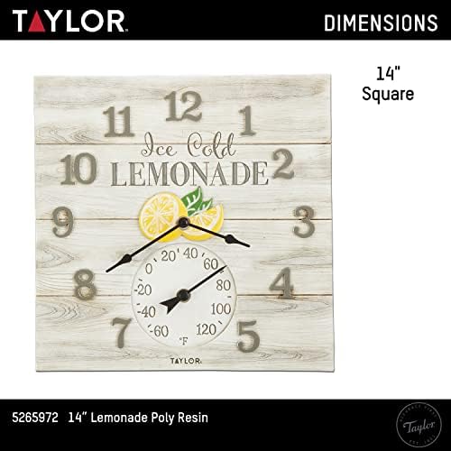 Taylor Lemonade Poly Resin Indoor and Outdoor Clock and Thermometer, Home Decor for Garden, Patio, Pool, and Indoor Areas, 14-inch, Multi-Color