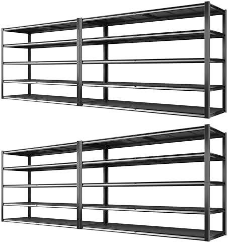 REIBII 78" H Storage Shelves, Garage Shelving Heavy Duty Load 3000LBS, Adjustable Garage Shelving, 5 Tier Metal Shelves Unit for Storage Rack, Basement, 55" W x 26" D x 78" H, Black, 4 Pack