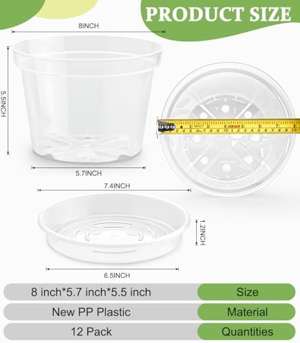 RooTrimmer 12 Pack 8 Inch Clear Plant Pots with Saucers, Transparent Plastic Nursery Pots with Drainage Hole, Sturdy Garden Planter Pots, Planting Starter Pots for Indoor Outdoor