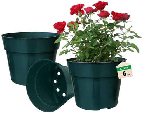 RooTrimmer 50 Pack 6 Inch Nursery Pots, Planting Grow Plastic Flower Pots, Thick Planters with Drainage Holes for Outdoor/Indoor Plants Succulent Herb (Green)