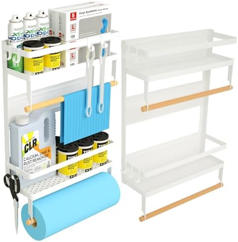 Magnetic Paper Towel Holder with Multi-Layer Storage Shelf, Stable Magnetic Organizer for Refrigerator, Garage Tool Cabinet and RV, Wall Mount Spice Rack and Paper Roll Hanger(Large-White)
