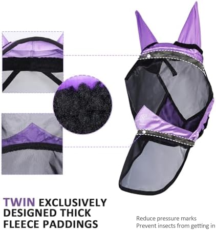 Harrison Howard Pro Luminous Horse Full Face Fly Mask Large Eye Space Long Nose with Ears UV Protection for Horse Gentle Lavendar S