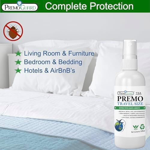 Travel Bed Bug & Mite Killer Spray by Premo Guard 3 oz – Child & Pet Safe – Fast Acting – Stain & Odor Free – Best Protection – Carryon Bag Approved