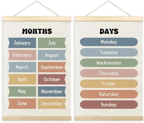 TLESKE Months of the Year Days of the Week Chart Poster Hanger Frame for Toddler Kid Classroom Set of 2, Homeschool Hanging Wall Art for Nursery Playroom, Preschool Learning Educational Poster, 16x24