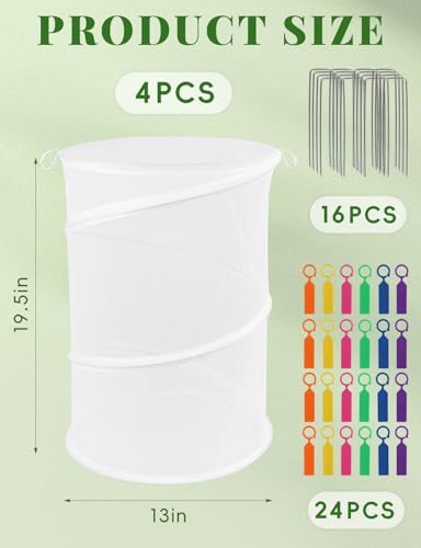 4 Pack Pop Up Plant Covers Tent from Animals, 20" H X 13" Garden Mesh Plant Cover, Outdoor Mesh Plant Enclosure for Pests, Bird and Pest Protection Guard for Plants, with Stakes and Labels (White)