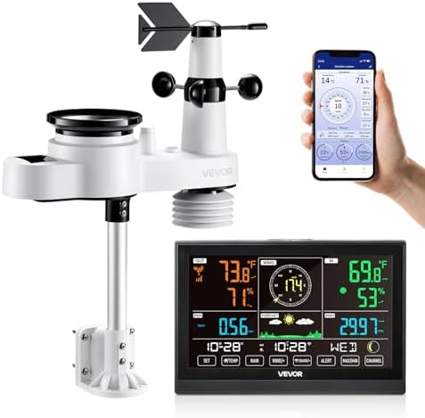 VEVOR 5-in-1 Wi-Fi Weather Station, 7.5-Inch VA Display, Wireless Solar Powered Outdoor Sensor, Rain Gauge, Indoor Outdoor for Weather Forecast, Wind Speed Direction, Temperature, Humidity, Rainfall