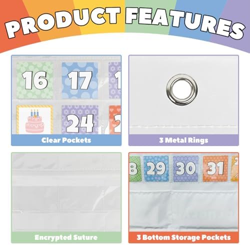 All-in-One Calendar Pocket Chart for Morning Meeting - Interactive Preschool Learning Board with Days, Dates, Months, Seasons & Weather Display (Bright Rainbow,Homeschool/Daycare)