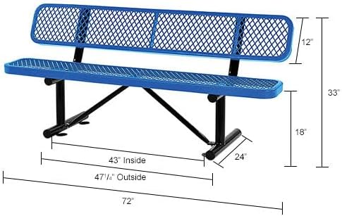 Global Industrial 6'L Heavy Duty Expanded Metal Mesh Bench with Backrest with Steel Frame, Portable Outdoor Bench, 1000 lbs Capacity, Blue, 72" L x 24" W x 33" H