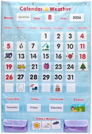 Morning Board Calendar for Toddlers - Preschool Learning Wall Chart for Classroom & Homeschool Interactive Educational Calendar with Pockets for Weather, Days of The Week, Seasons (Light Blue)