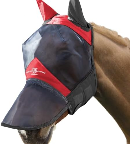 Harrison Howard Pro Luminous Horse Fly Mask Long Nose with Ears UV Protection for Horse Scarlet Red/Black Small Pony
