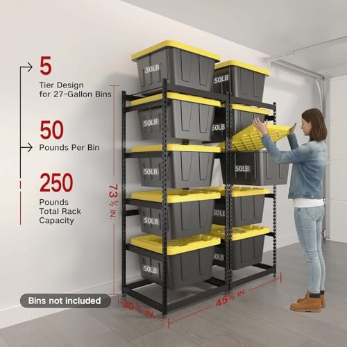 FERO 27 Gallon Tote Storage Rack, Heavy-Duty Storage Bin Rack Organizer, 5-Tier Standing Storage Bin Shelves, 250 lb Capacity, Maximize Space for Garage, Warehouse, Utility(Totes Not Included)
