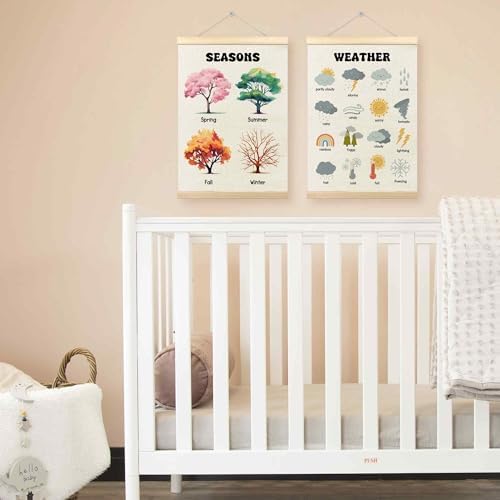 TLESKE 4 Seasons Weather Chart Poster Hanger Frame for Toddler Kid Classroom Set of 2, Homeschool Hanging Wall Art Decor for Nursery Playroom, Preschool Prek Learning Educational Poster, 12x16