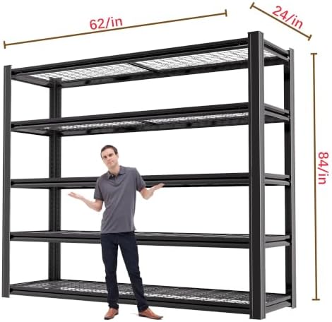 5-Tier Heavy Duty Garage Shelving, 5,000 lbs Capacity Adjustable Metal Storage Shelving Unit for Garage, Basement, Warehouse & Workshop, 62" W x 24" D x 84" H