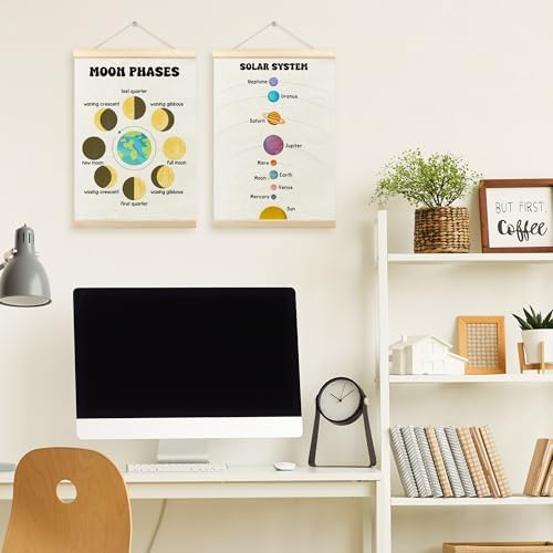 TLESKE Classroom Moon Phases Solar System Space Poster Hanger Frame Set of 2, Homeschool Hanging Wall Art Room Decor for Toddlers Kid Nursery Playroom, Preschool Prek Learning Educational Print, 12x16