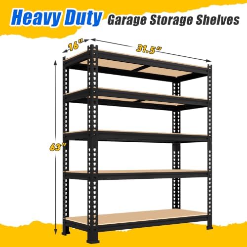31.5" W x 16" D x 63" H 5-Tier Metal Storage Shelves: Heavy Duty Garage Shelving Adjustable Shelves for Storage - Black Utility Rack Shelf for Pantry, Warehouse, Office, Kitchen